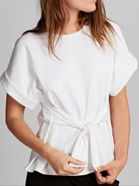 Express Off White Tie Waist Rolled Sleeve Dressy Top Blouse M